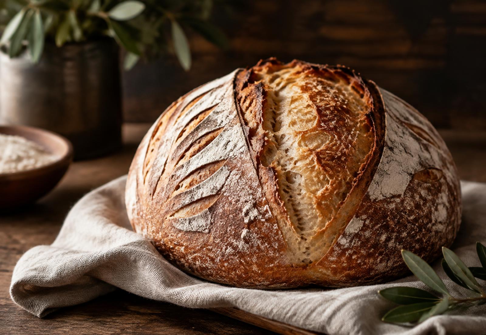 Crusty Tiny Cove sourdough on linen